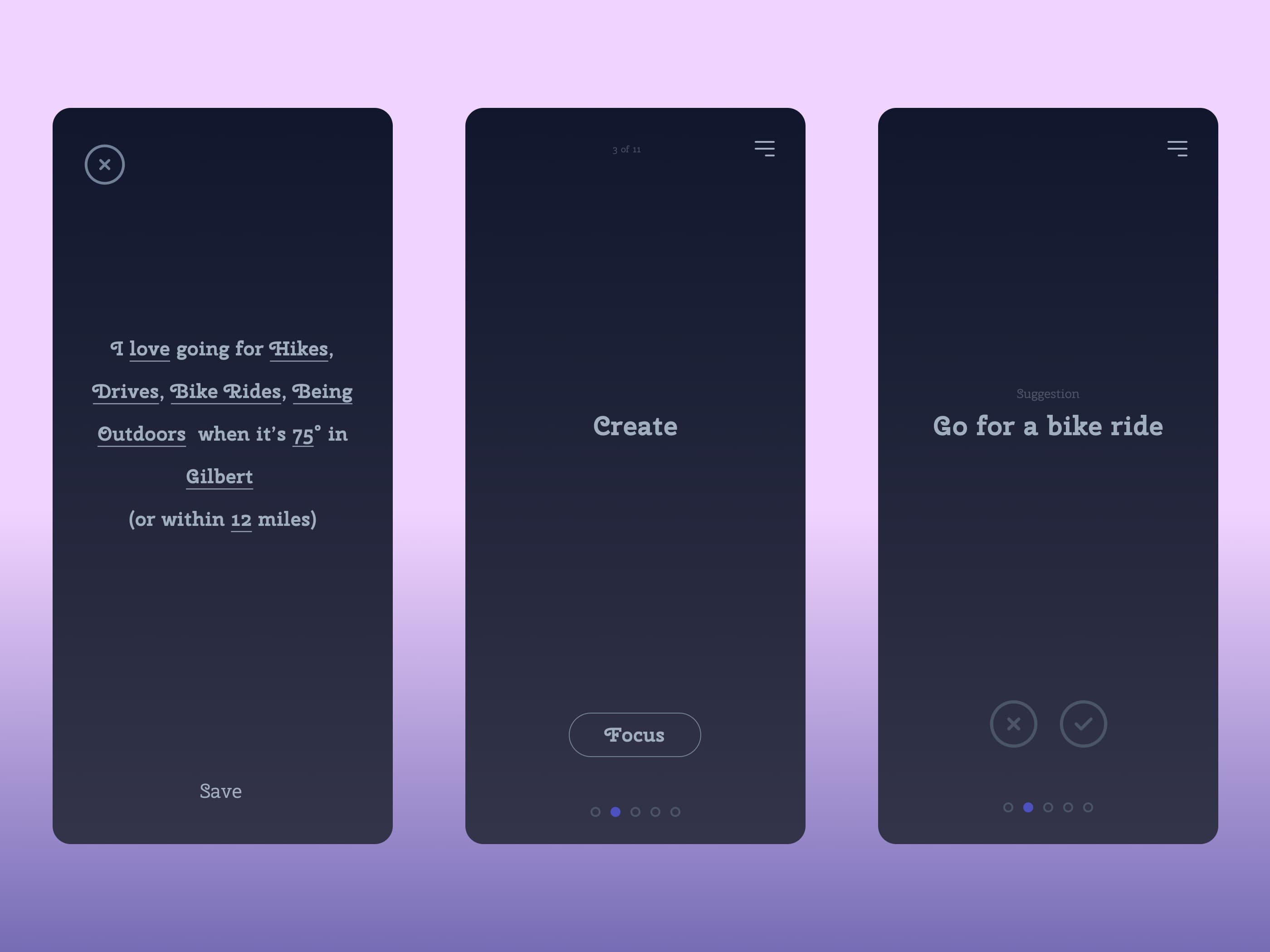 Editable activity preferences, a focused daily prompt, and a suggestion with accept or skip controls.