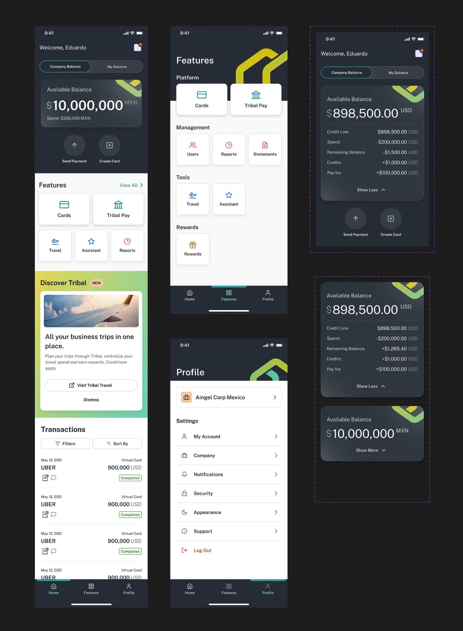 A full mobile product board for Tribal Platform showing the home, features, profile, and company-balance experiences across multiple states.