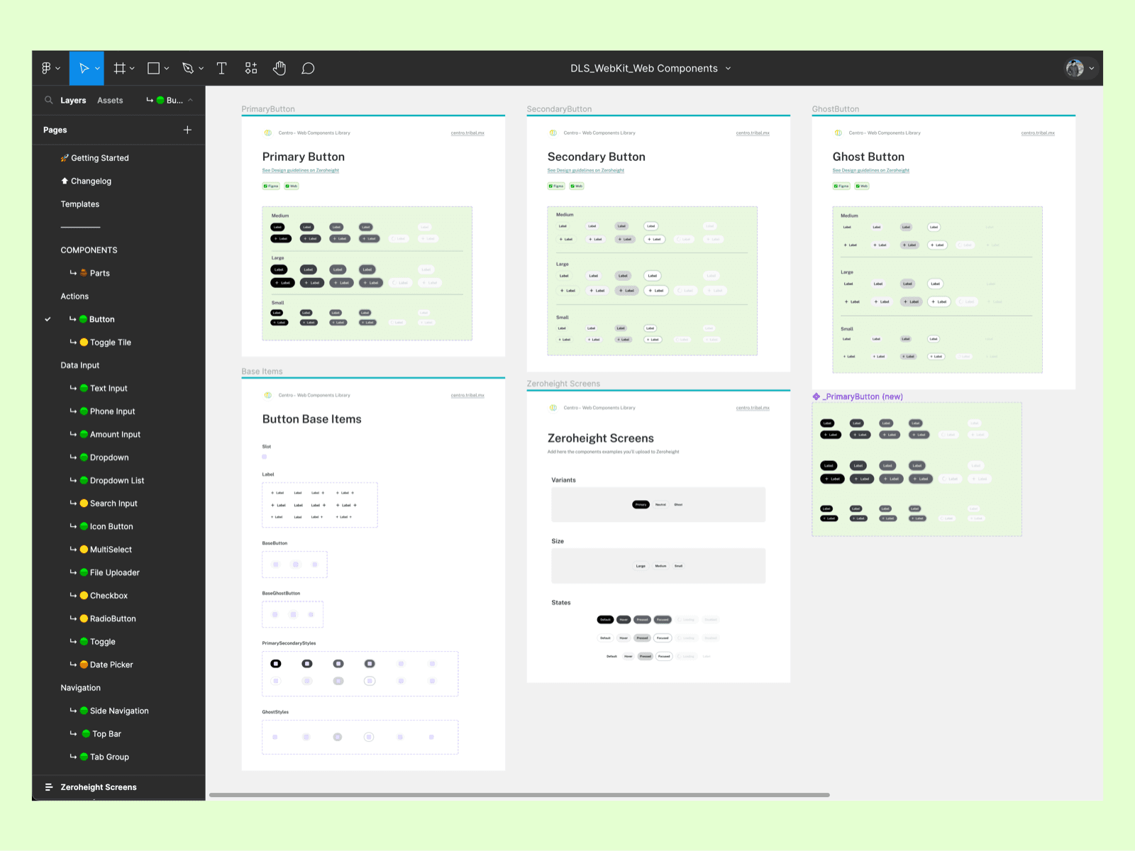 Centro design-system file showing button specifications, component states, and a structured component library in Figma.
