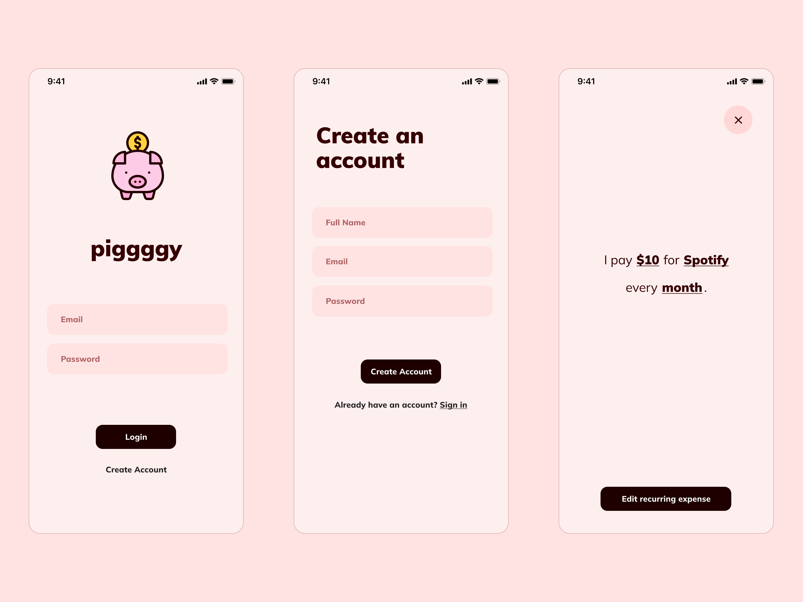 Piggggy sign-in, account creation, and a recurring-expense detail expressed as an editable sentence.