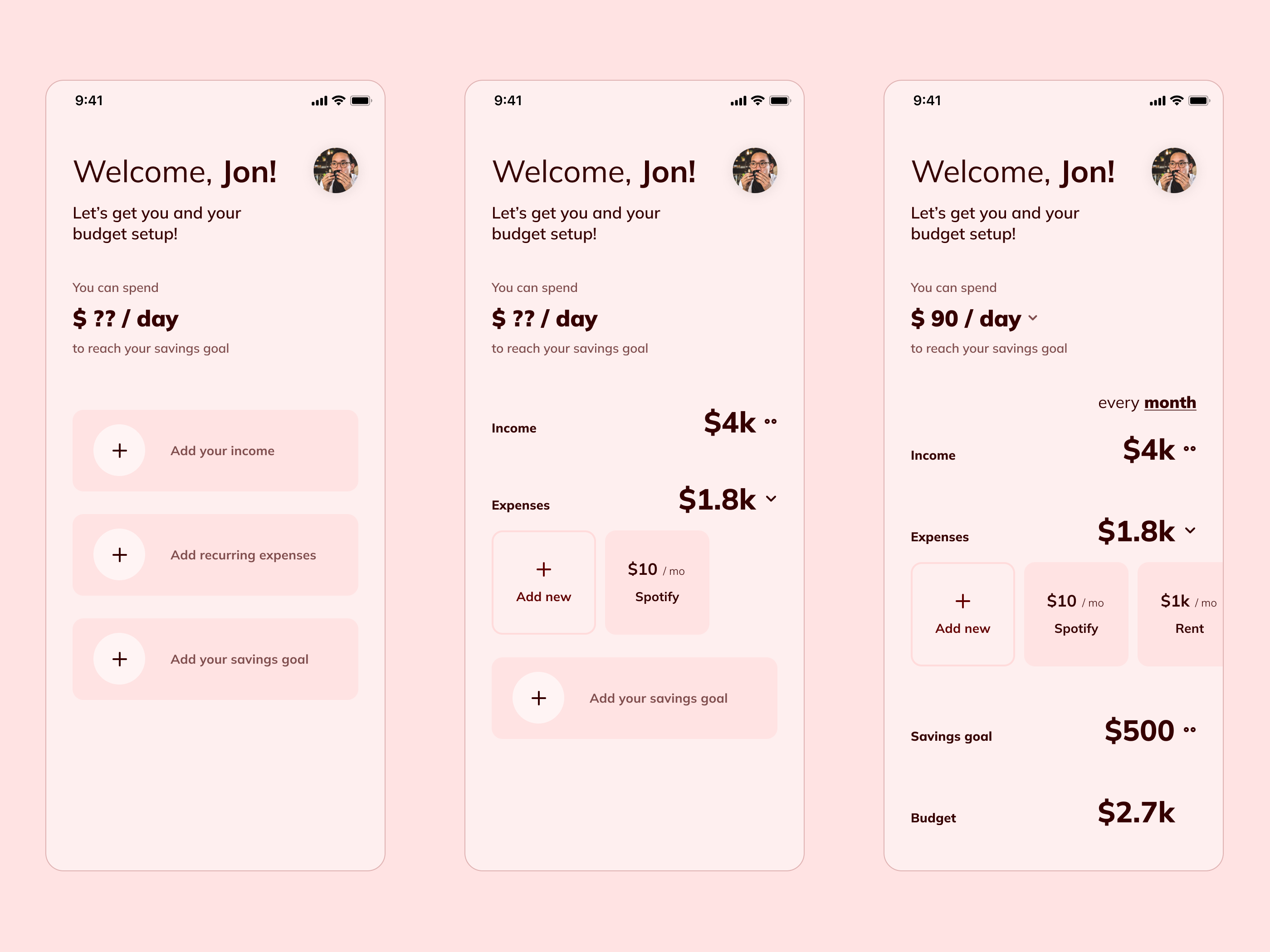 Budget setup progressing from empty inputs to income, recurring expenses, a savings goal, and a daily spending amount.