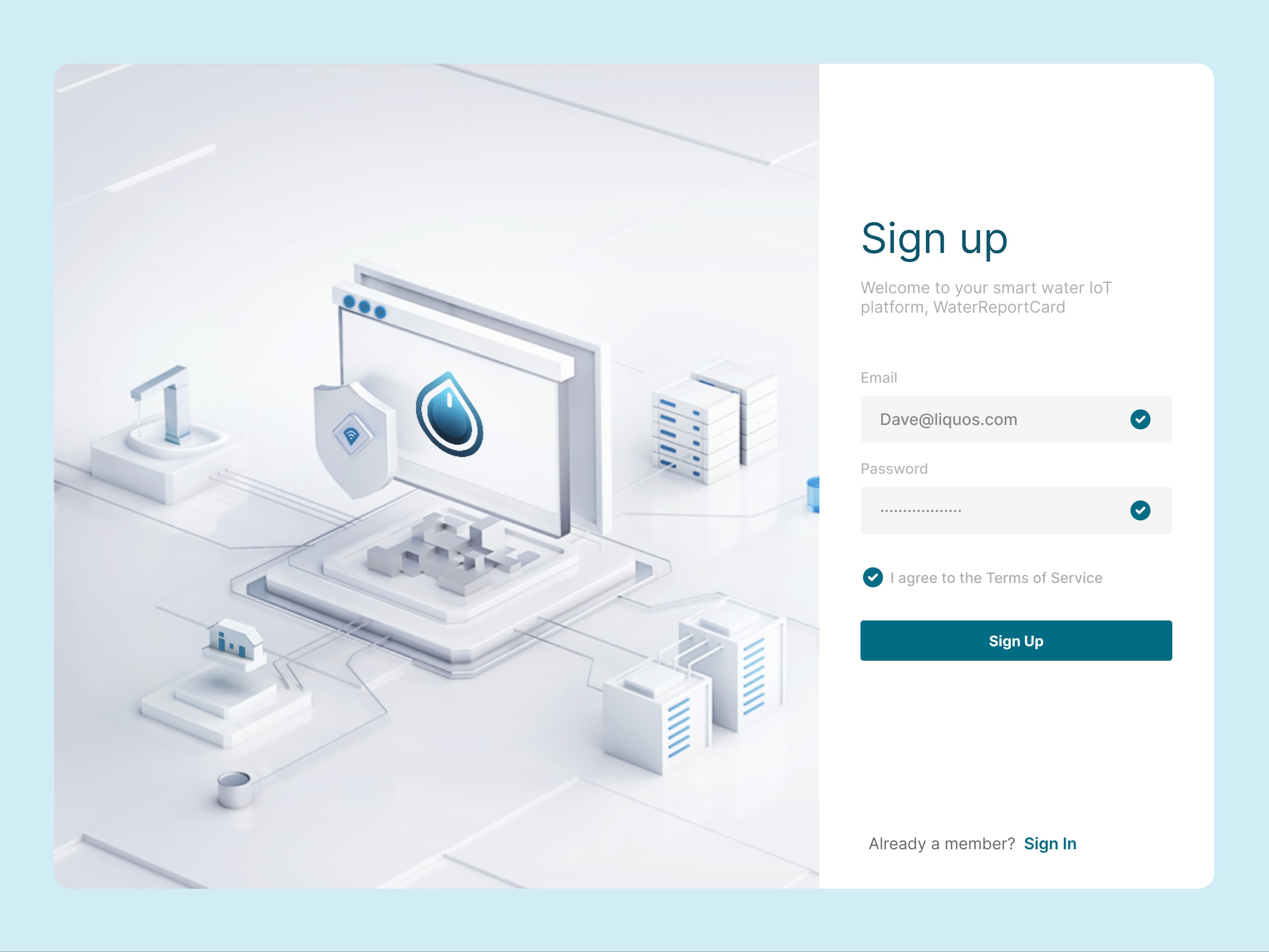 Water Report Card's sign-up concept pairs account creation with an illustration of the connected water-data platform.