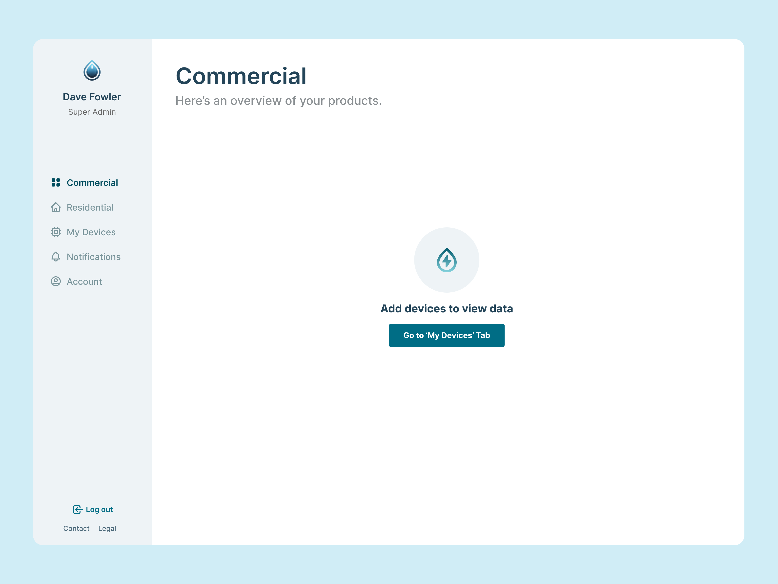 An empty dashboard state directs users to add a device before viewing water data.