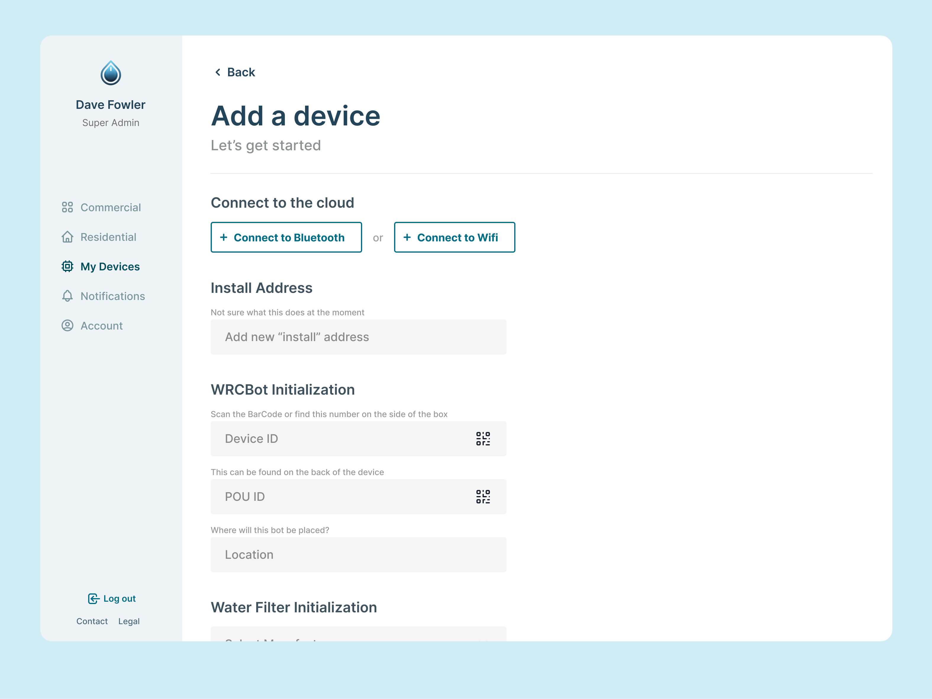 The device-setup concept covers Bluetooth or Wi-Fi connection, installation address, device identifiers, and location.