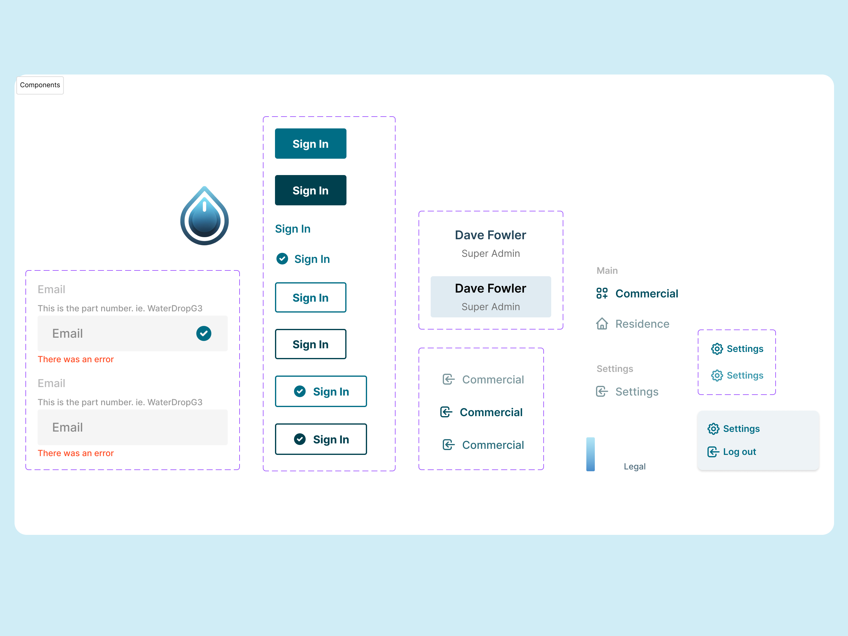 The interface component sheet defines input validation, button variants, account information, navigation, and settings states.