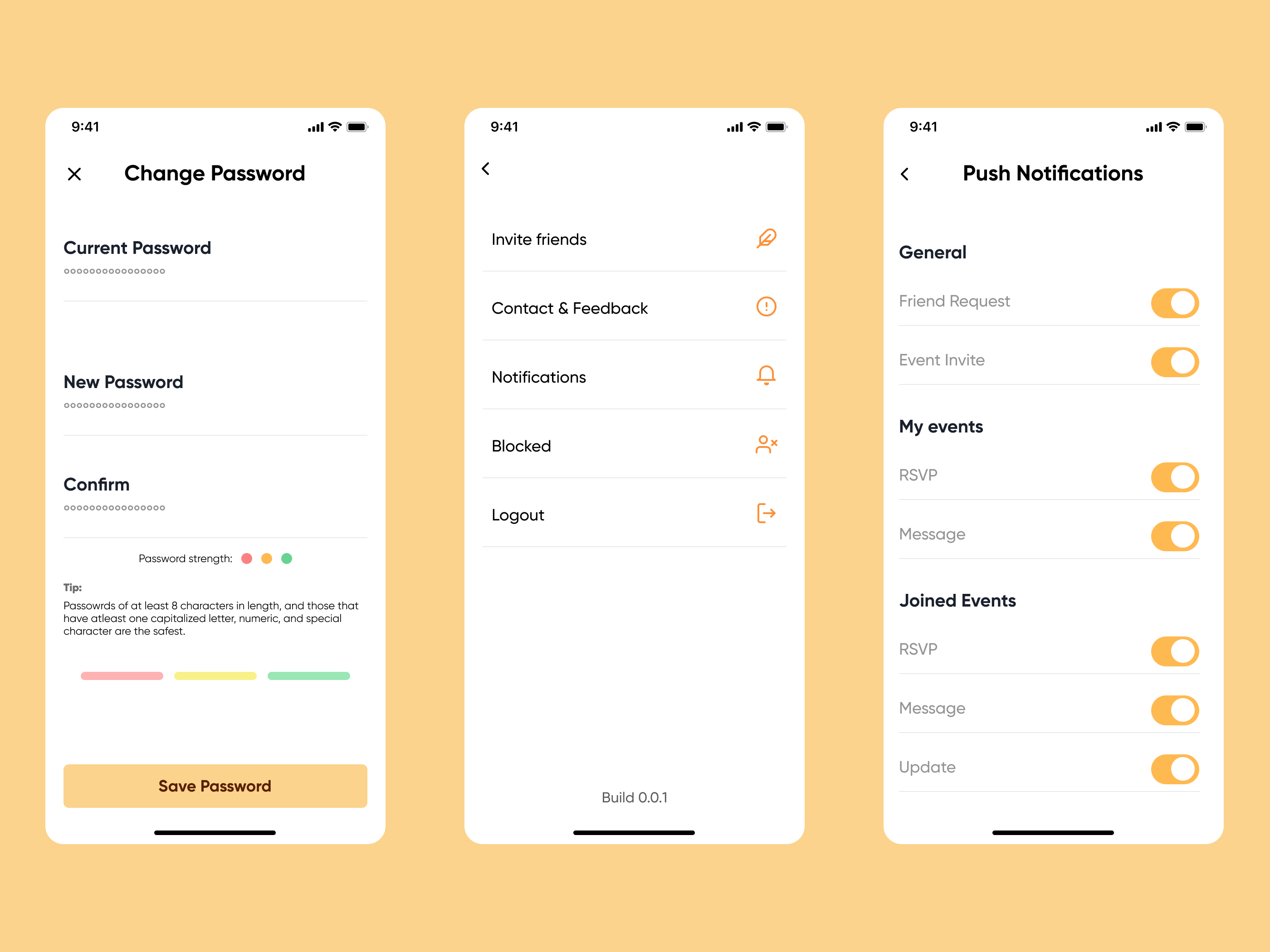 Account settings cover password changes, feedback, blocked users, and notification preferences.