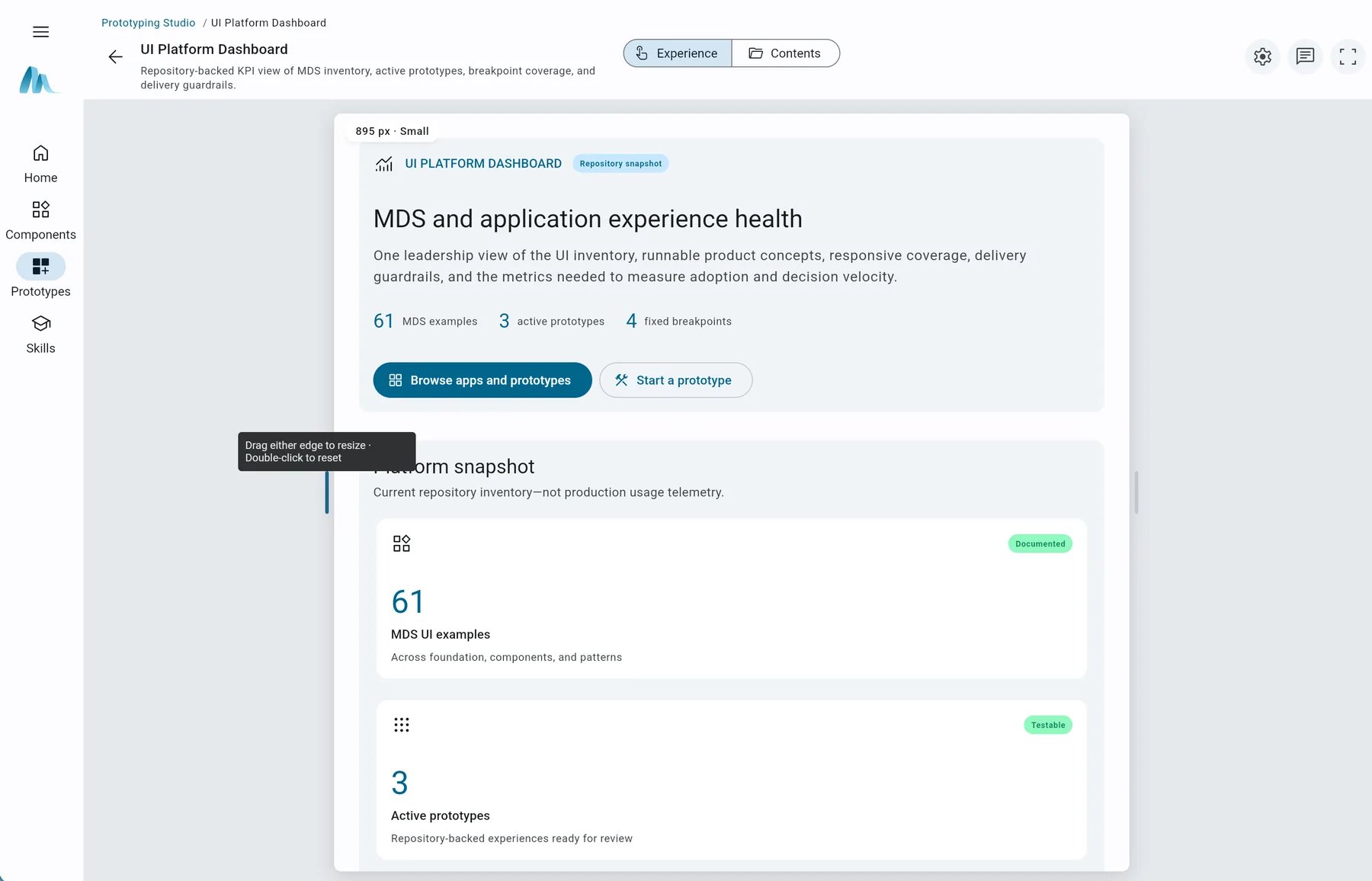 A prototype opened in the responsive review canvas. Designers can resize the working experience, inspect its source contents, review comments, and assess breakpoint coverage without separating the preview from its repository context.
