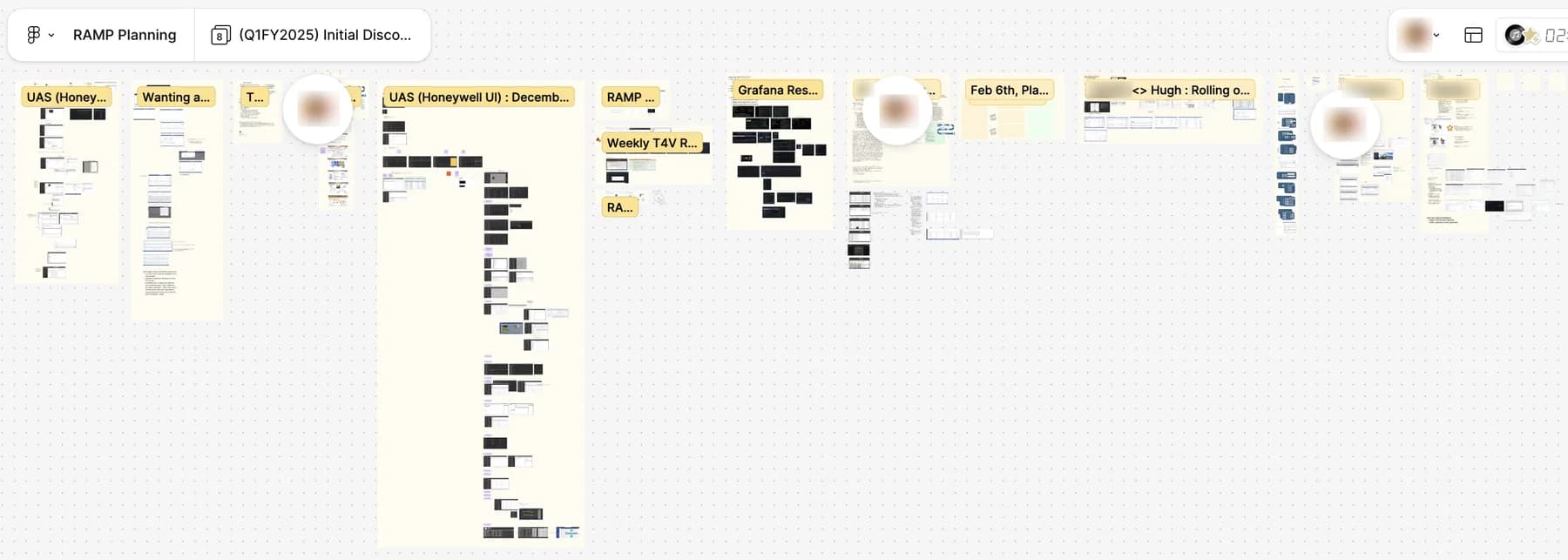 The discovery board, filed by evidence source: a screen-by-screen audit of the legacy interface, the Grafana dashboards, and the weekly review spreadsheet RAMP had to replace.