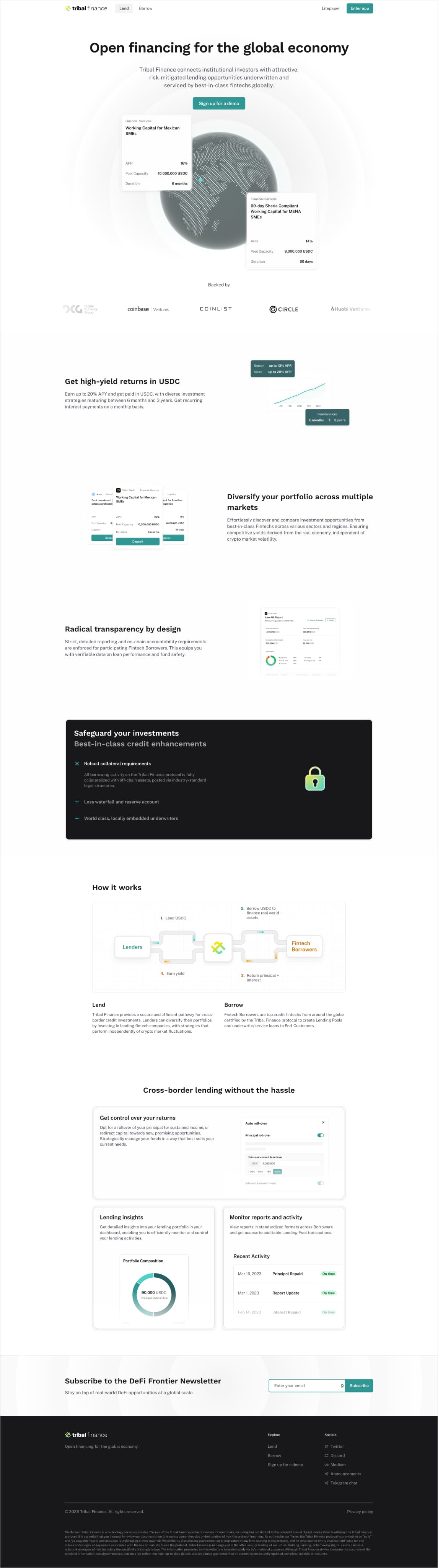 The complete marketing-page design, introducing the lending proposition, explaining the lender and borrower flow, and previewing portfolio controls and reporting.