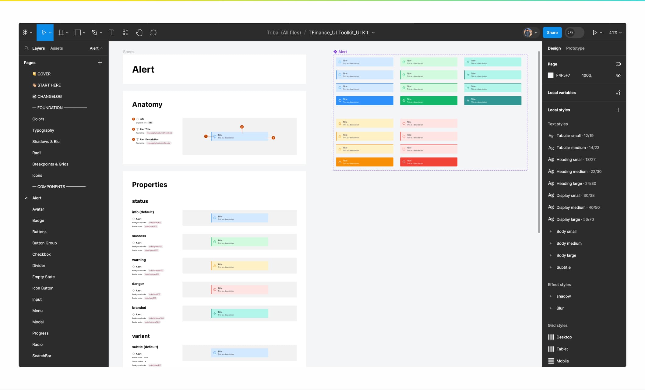 The UI kit in Figma: alert anatomy, semantic status colors, and subtle and solid variants, alongside the foundation and component library.
