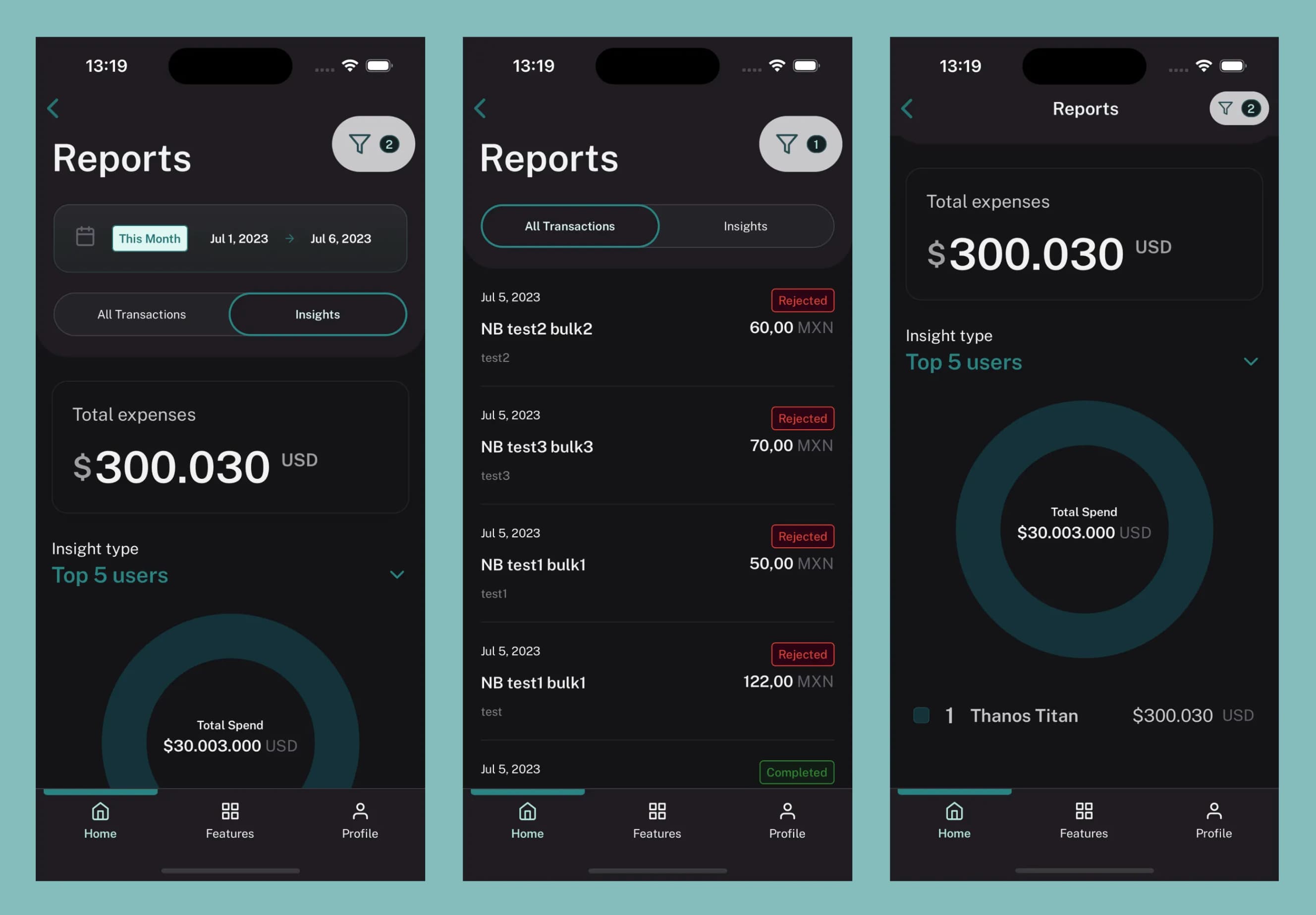 Reports in dark mode, showing active-filter counts, spending insights, and transaction lists with explicit rejected and completed statuses.