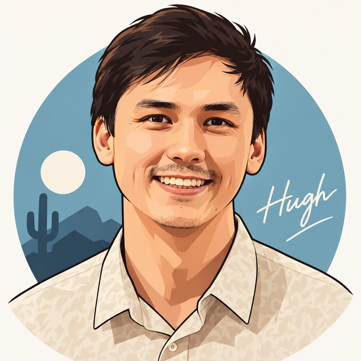 Illustrated portrait of Hugh Berryman against an Arizona desert backdrop, signed Hugh.